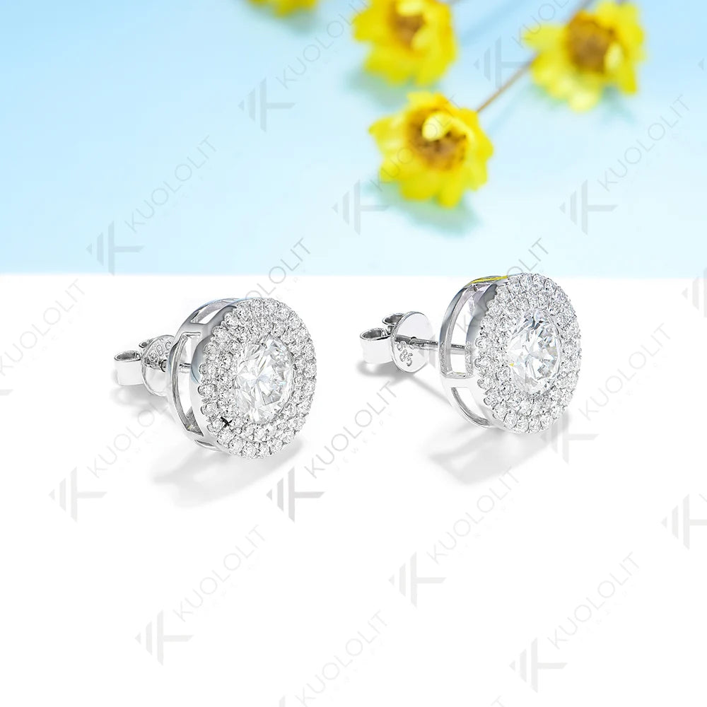 Kuololit 2CTW Moissanite Stud Earrings for Women Solid 18K 14K 10K 585 White Gold D VVS1 GRA Halo Earrings for Christmas Gifts