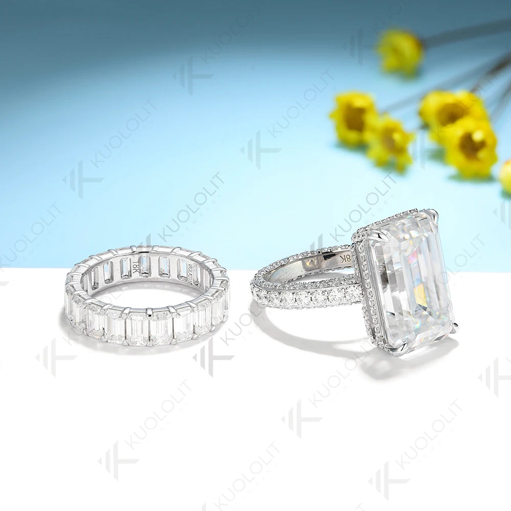Kuololit 16CTWMoissanite Rings for Women Men PT950 Solid 14K 10K White Gold Emerald Cut for Wedding Luxury Engagement Christmas
