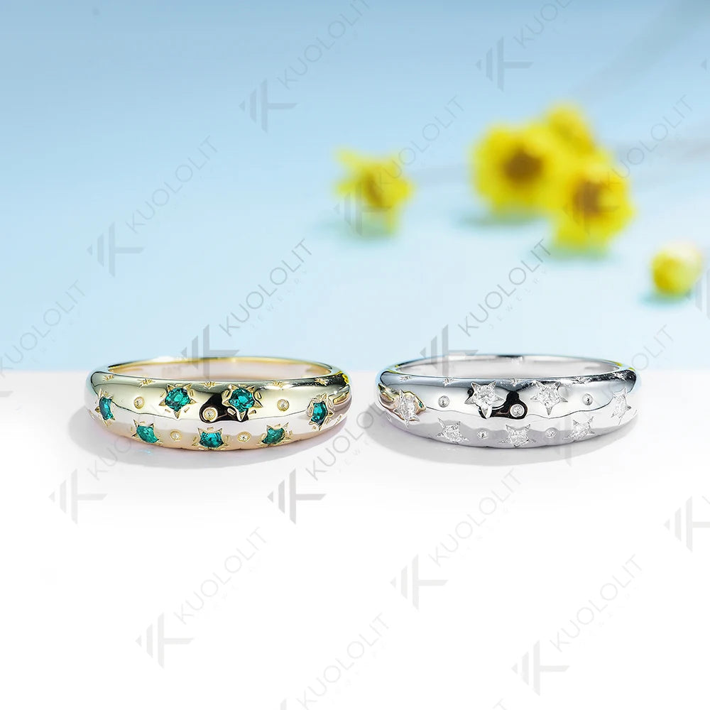 Kuololit 0.21CTW Lab Grown Emerald Starburst Band Rings Engagement Rings for Women Men Solid 14K Gold for Wedding Christmas Gift