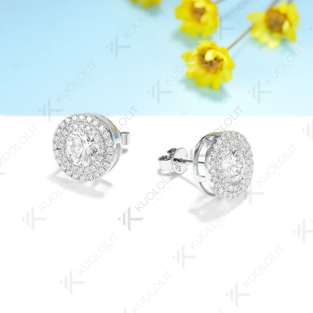 Kuololit 2CTW Moissanite Stud Earrings for Women Solid 18K 14K 10K 585 White Gold D VVS1 GRA Halo Earrings for Christmas Gifts