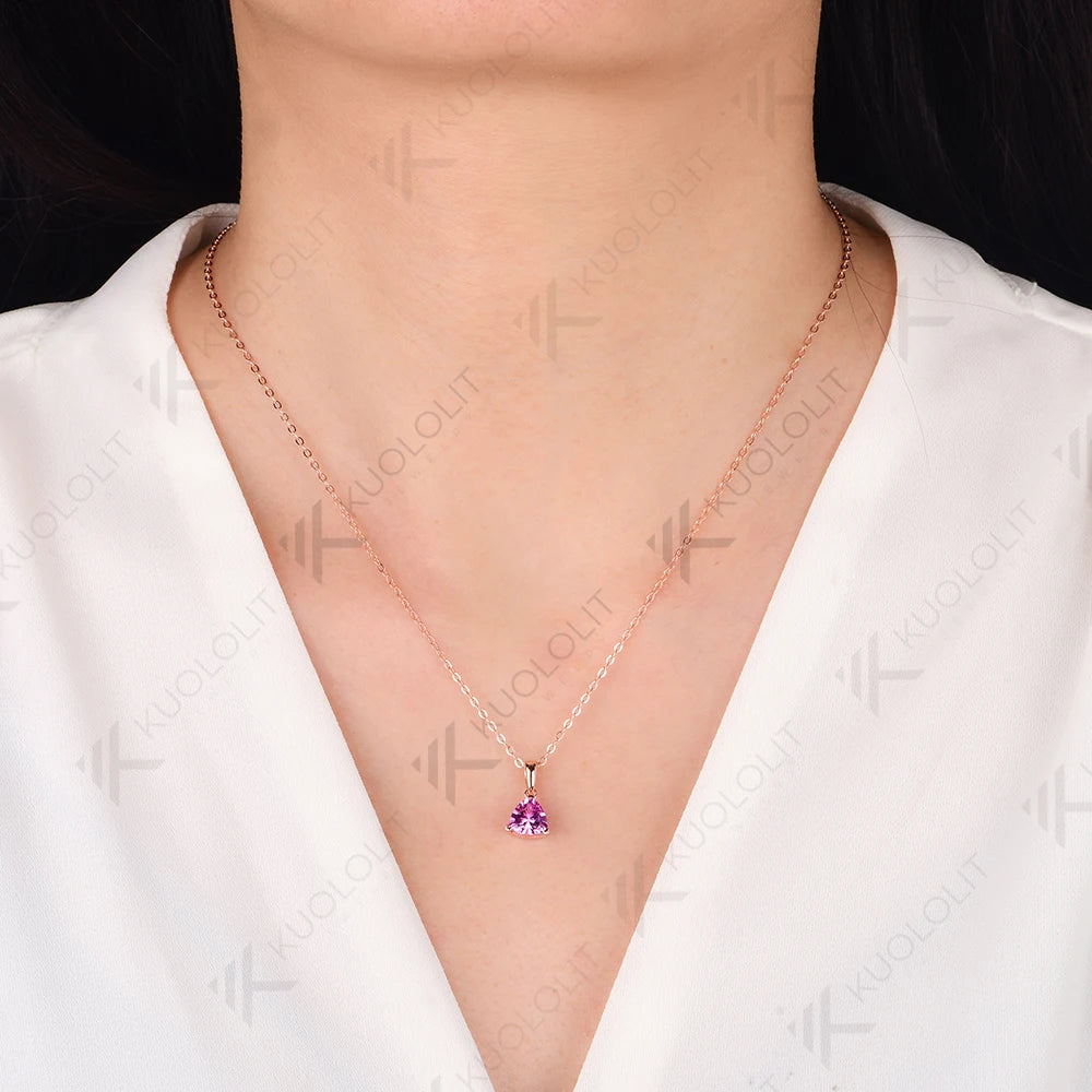 Kuololit 1.2CT Lab Pink Sapphire Engagement Necklace for Women Solid 18K 14K 585 Rose Gold for Christmas Gifts Jewelry
