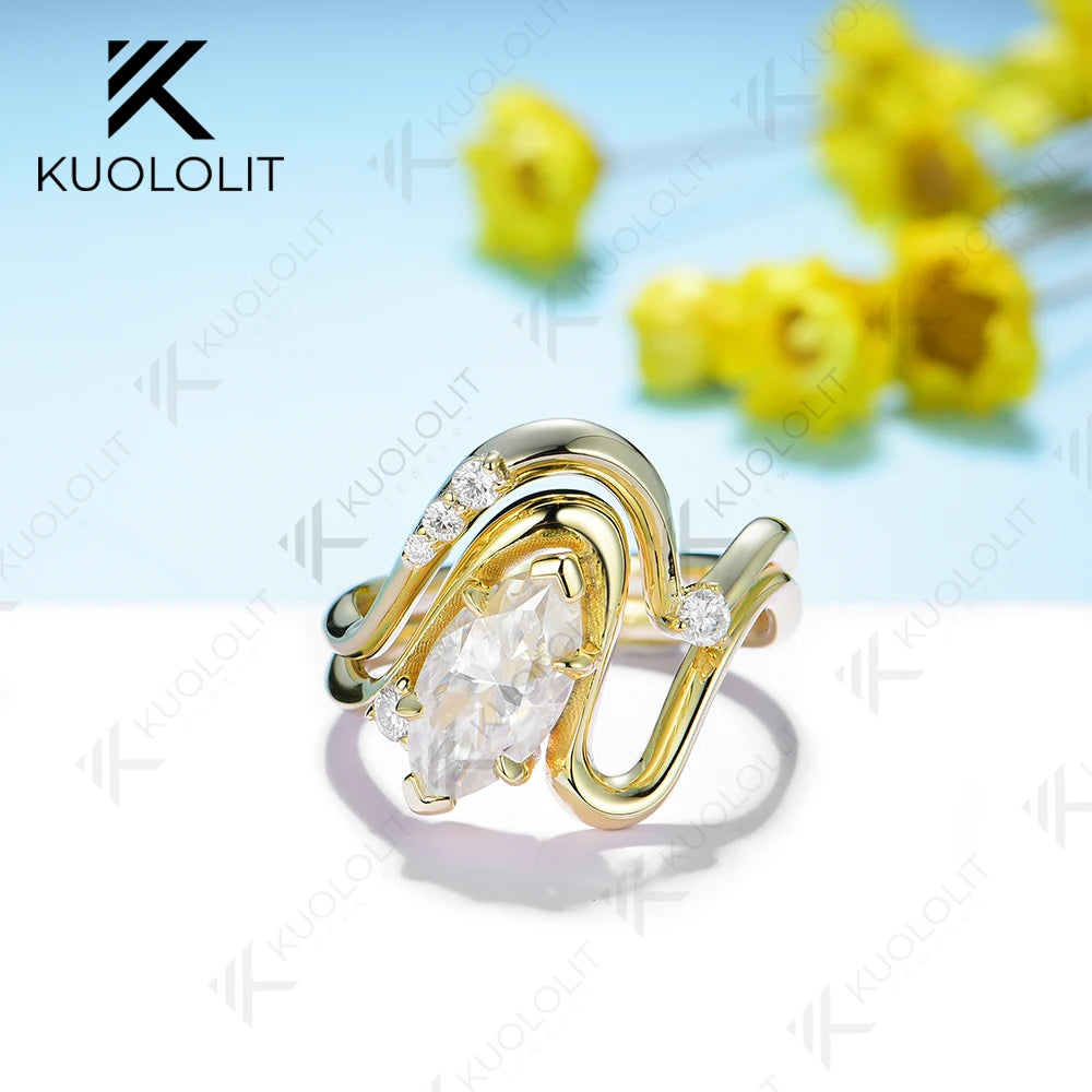 Kuololit 2CT Moissanite Rings for Women Solid 14K 10K 585 Yellow Gold Marquise Cut Set Rings for Engagement Wedding Christmas