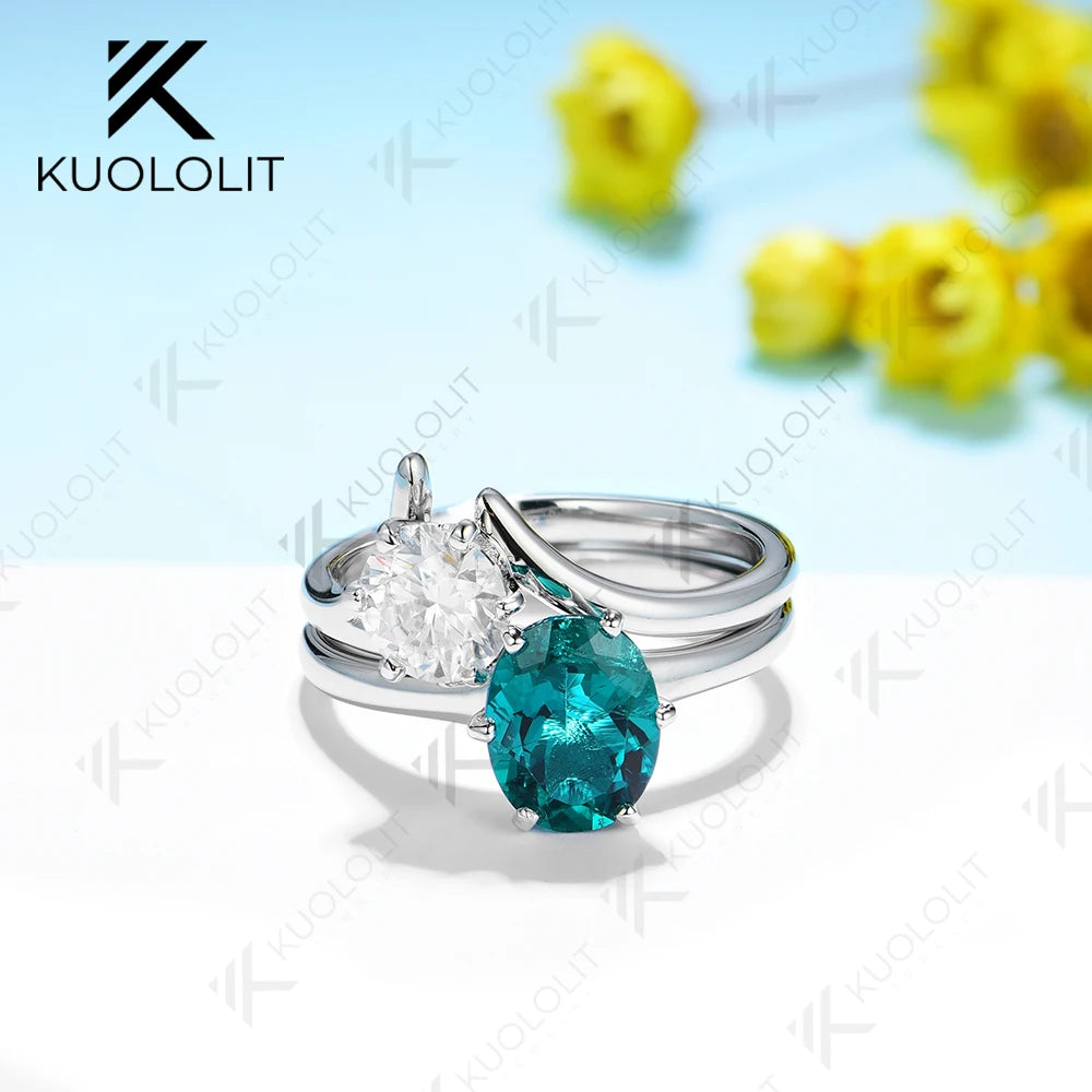 Kuololit 3CTW Lab Grown Emerlad and Moissanite Set Rings for Women Solid 14K 10K 585 YellowGold for Engagement Wedding Christmas