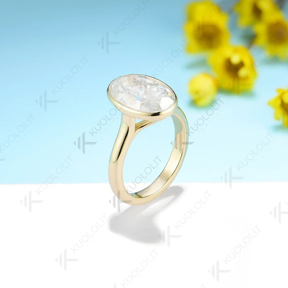 Kuololit 5CT Crushed Ice Oval Moissanite Rings for Women PT950 Solid 14K 10K 585 Yellow Gold for Engagement Wedding Christmas