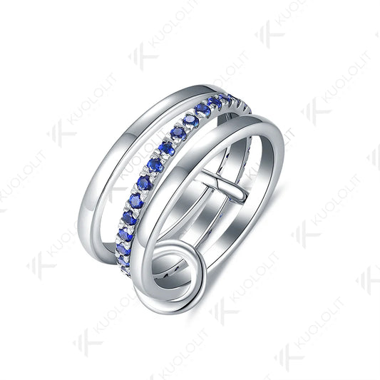 Kuololit Lab Grown Blue Sapphire Band for Women Men Solid 585 14K 10K Silver White Gold 3 Rings Connect for Christmas Engagement