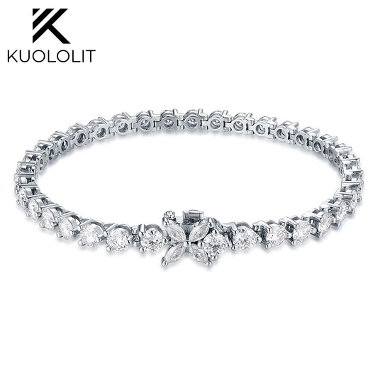 Kuololit Lab Grown Diamond Flower Tennis Bracelet  for Women Solid 14K 10K Gold Marquise Diamond Bracelet for Christmas Gifts