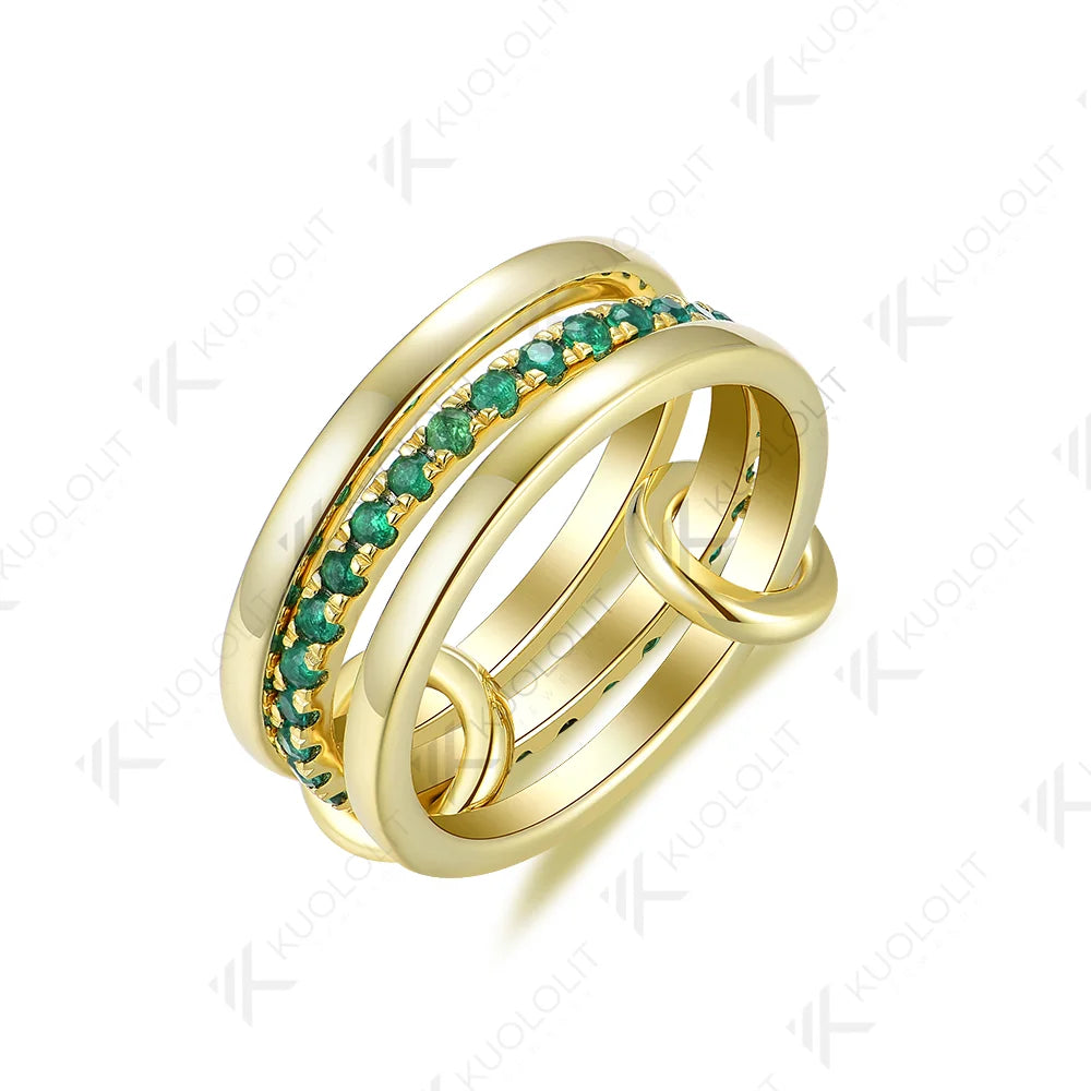 Kuololit Lab Grown Emerald Band Ring for Women Men Solid 585 14K 10K Silver Yellow Gold 3 Rings Connect for Christmas Engagement