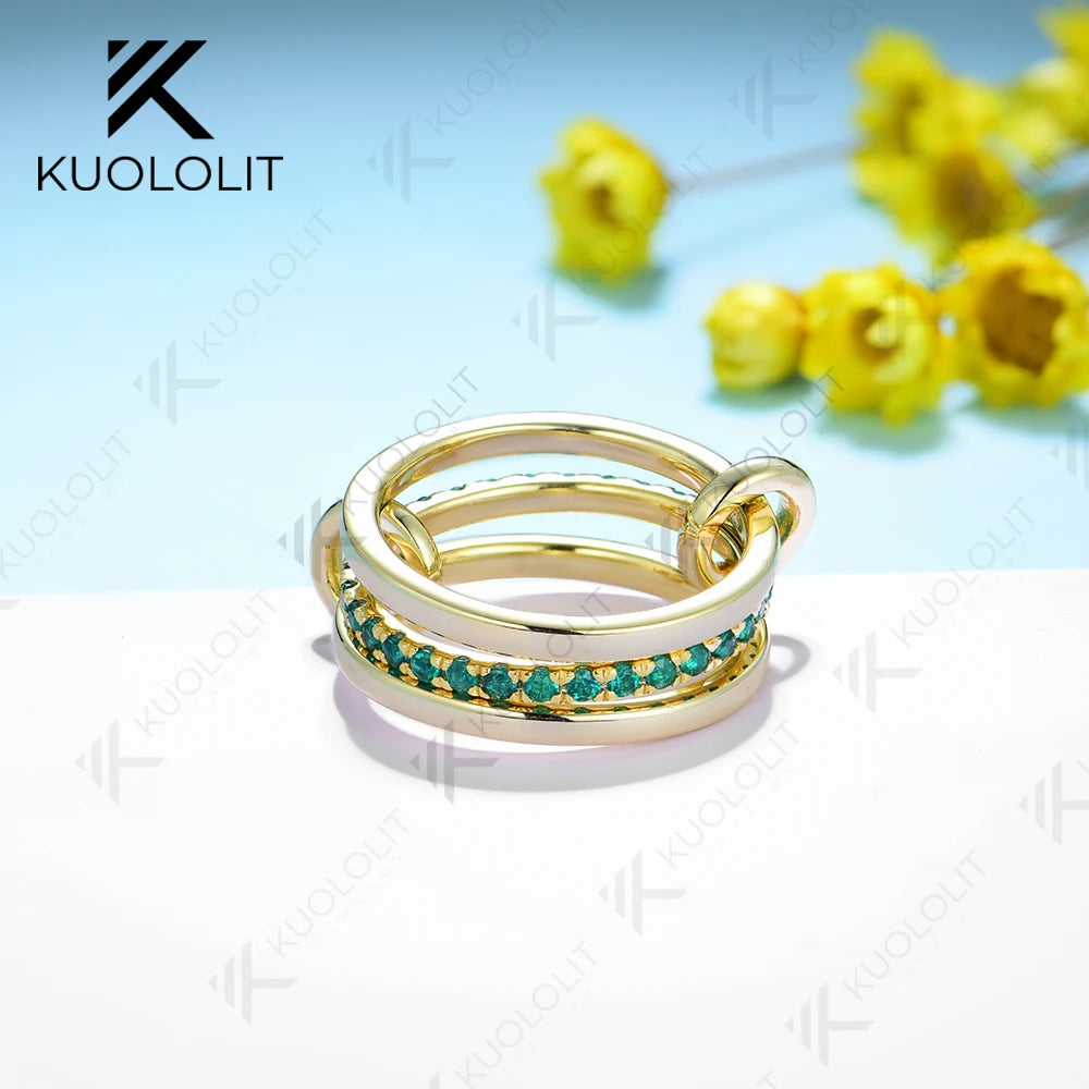 Kuololit Lab Grown Emerald Band Ring for Women Men Solid 585 14K 10K Silver Yellow Gold 3 Rings Connect for Christmas Engagement