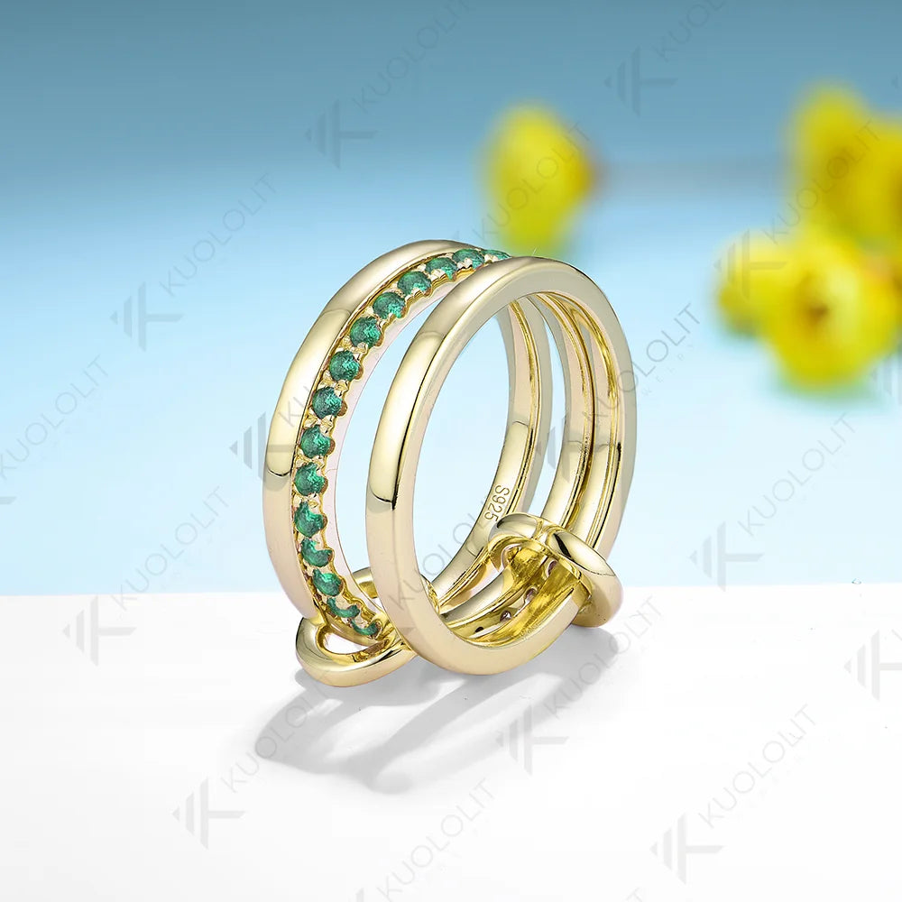 Kuololit Lab Grown Emerald Band Ring for Women Men Solid 585 14K 10K Silver Yellow Gold 3 Rings Connect for Christmas Engagement