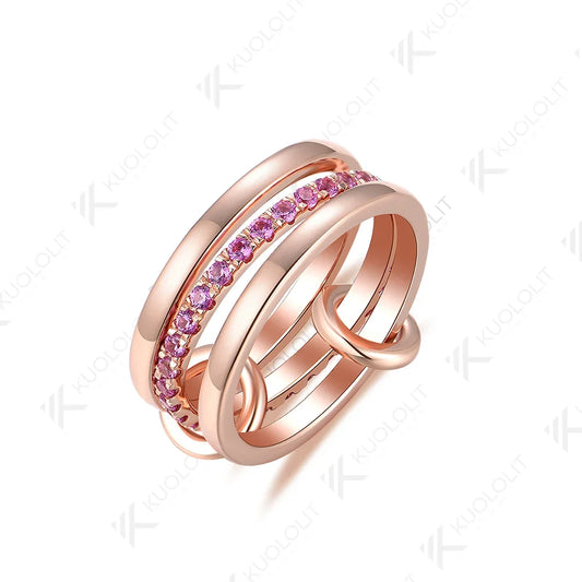 Kuololit Lab Grown Pink Sapphire Moissanite Band Ring for Women Men Solid 14K 10K Silver Rose Gold 3 Rings Connect for Christmas