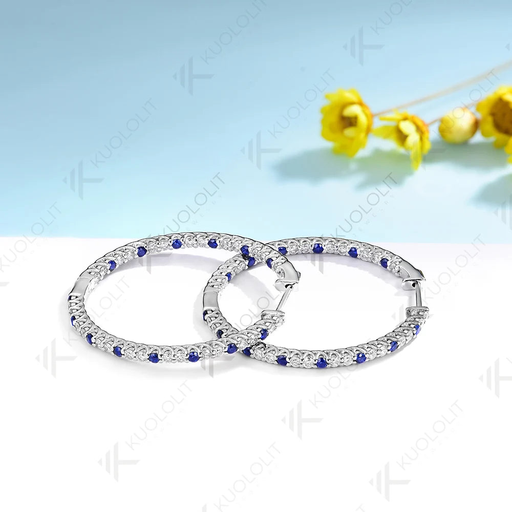 Kuololit 2.58CTW Lab Diamond Blue Sapphire Hoop Earrings for Women Solid 14K 10K 585Gold Alternate Diamond Earring for Christmas
