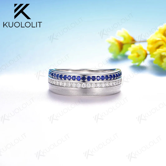 Kuololit 0.55CTW Moissanite Lab Grown Sapphires Band for Men Women Sliver Solid14K 10K Gold Ring for Anniversary Engagement Gift
