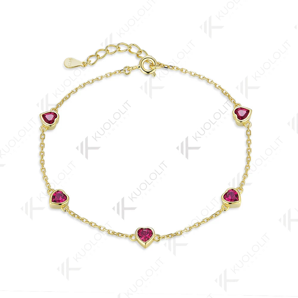 Kuololit 1.5CTW Lab Grown Ruby Bracelet for Women Solid 18K 14K 10K 585 Yellow Gold  Heart Cut Bracelet for Christmas Gifts