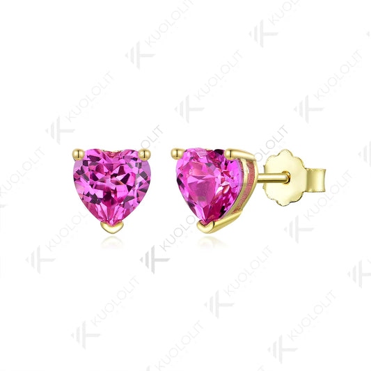 Kuololit 2.4CTW Lab Grown Padparadscha Heart  Earrings for Women Pure 18K 14K 10K Gold Stub Gemstone Earrings Anniversary Gifts