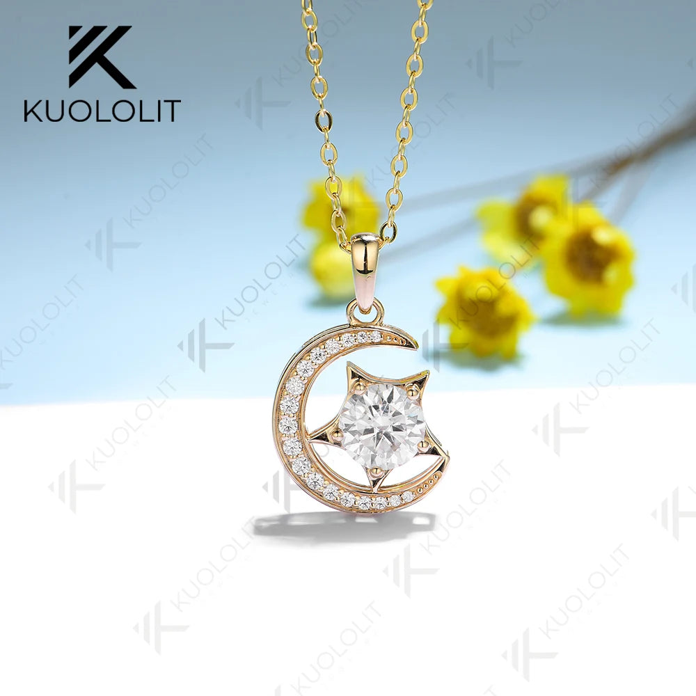 Kuololit IGI 1.2CT Moon Star Lab Grown Diamond Necklace for Women Solid 10K 14K Gold Diamond Pendant for Engagement Christmas
