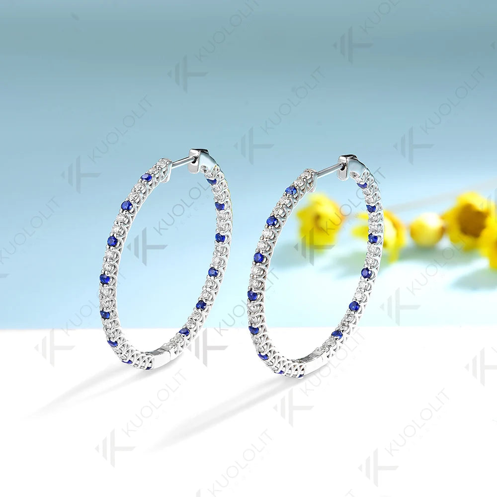Kuololit 2.58CTW Lab Diamond Blue Sapphire Hoop Earrings for Women Solid 14K 10K 585Gold Alternate Diamond Earring for Christmas