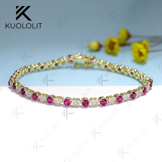 Kuololit Lab Grown Ruby Tennis Bracelet for Women Men Solid 18K 14K 10K 585 Yellow Gold Moissanite Bracelet for Christmas Gifts