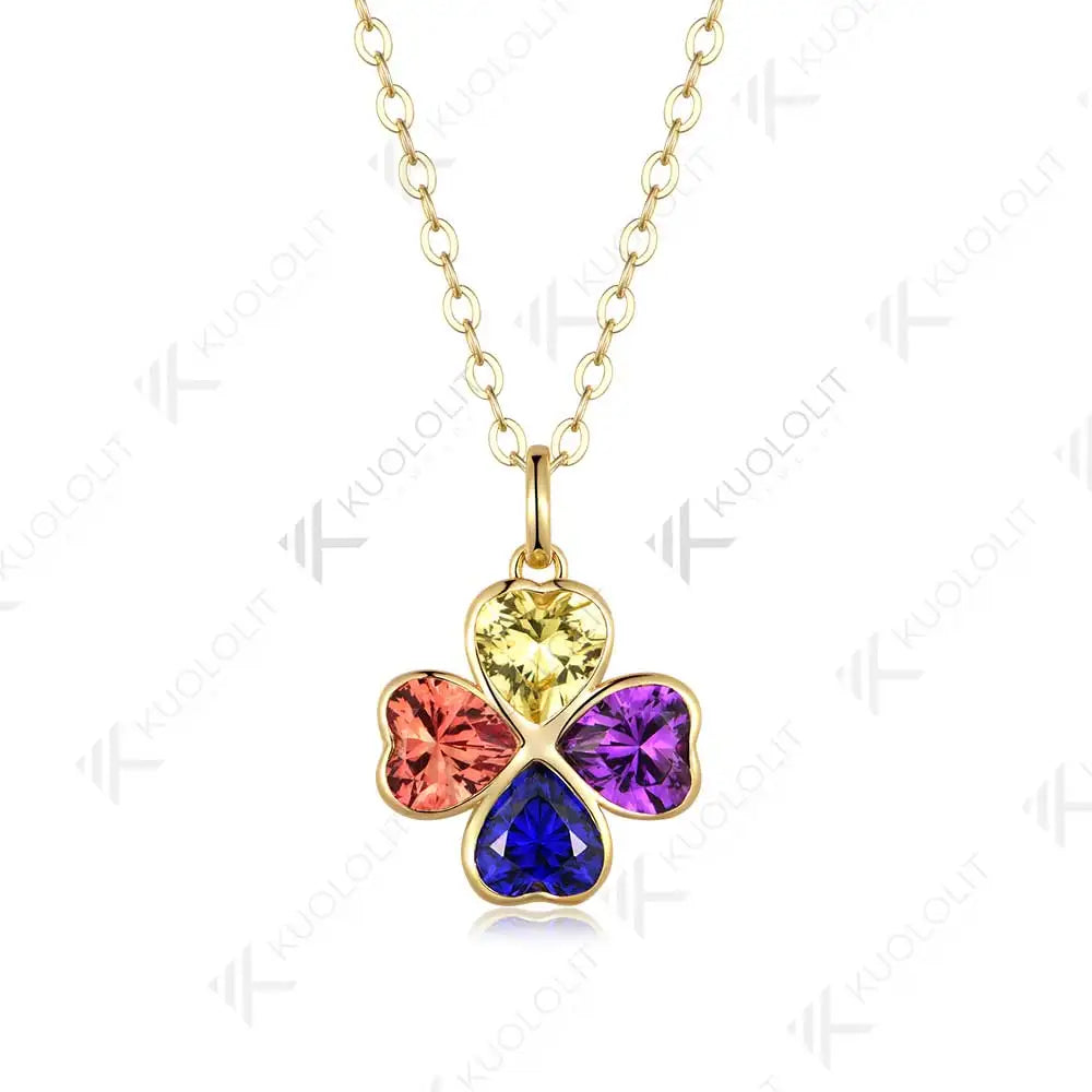 Kuololit 2.5CTW Lab Grown Rainbow Sapphire Necklace for Women Solid 14K 10K Gold Gemstone Heart Pendant for Christmas Gift
