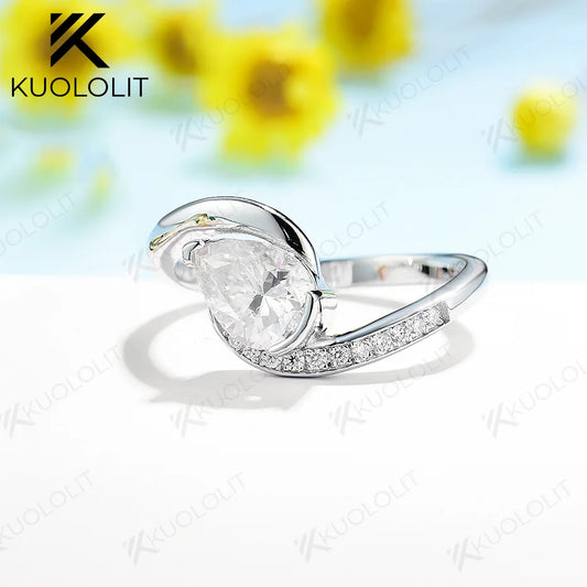 Kuololit 1.25CT Moissanite Ring for Women Solid 18K 14K 10K 585 White Gold Pear Engagement Ring for Christmas Anniversary Gift