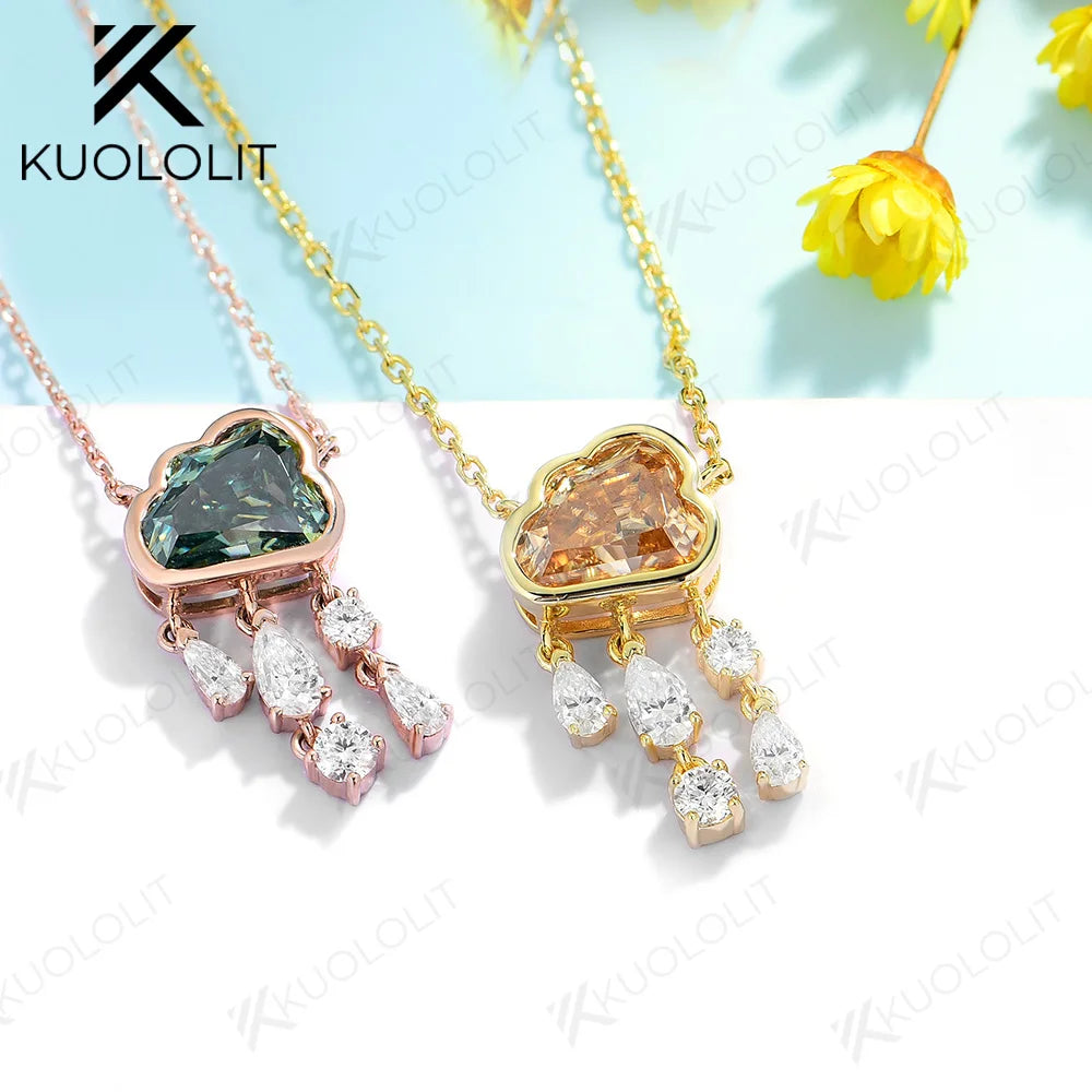 Kuololit 2CT Champagne Cyan Cloudy Moissanite Necklace for Women Solid 14K 10K 585 Rose Gold Wedding Necklace for Christmas Gift