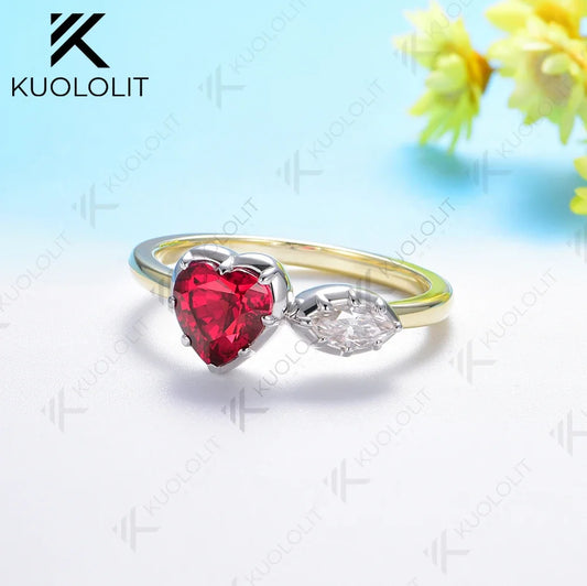 Kuololit 1.3CTW Lab Grown Diamond Ring for Women Solid 18K 14K 10K Gold Two Tone Ruby Gemstone Ring for Anniversary Engagement