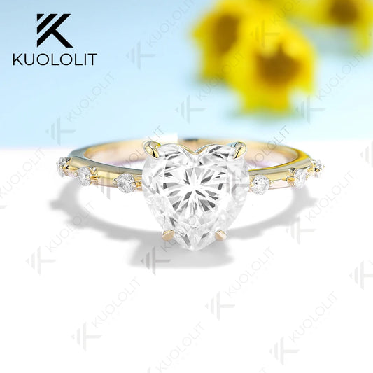 Kuololit 3CT Moissanite Engagement Ring for Women Solid 18K 14K 10K 585 Yellow Gold Heart Ring for Anniversary Christmas Gifts