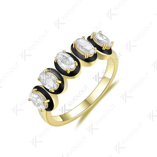 Kuololit 1.5CTW Oval Moissanite Black Enamel Band for Women Solid 10K 585 Yellow Gold Moissanite Engagement Ring for Christmas