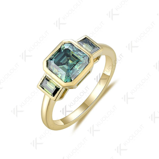 Kuololit 2CT Cyan Moissanite Rings for Women Solid 14K 10K 585 Yelllow Gold Asscher Ring for Engagement Anniversary Engagement