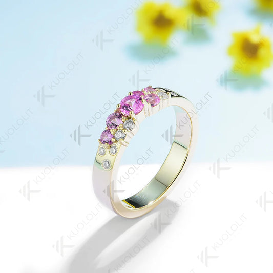 Kuololit 0.7CTW Lab Grown Pink Sapphire Bnad for Men Women DLab Gronw Diamond D VS1 Ring  Round Cut for Wedding Christmas Gift