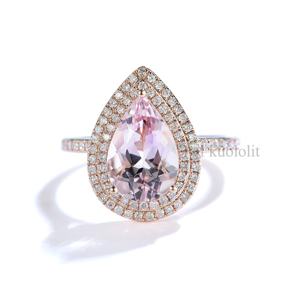 Kuololit 3CT Natural Morganite Gemstone Ring for Women Solid 18K 14K Rose Gold Pear 8*12mm Ring for Engagement Party Birthstone