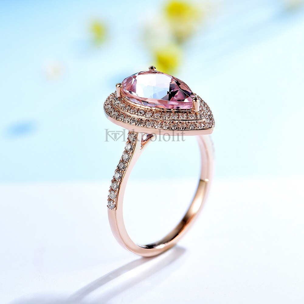 Kuololit 3CT Natural Morganite Gemstone Ring for Women Solid 18K 14K Rose Gold Pear 8*12mm Ring for Engagement Party Birthstone