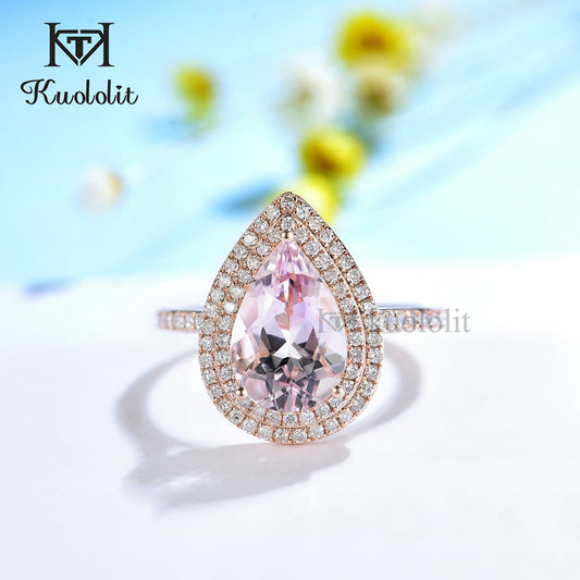 Kuololit 3CT Natural Morganite Gemstone Ring for Women Solid 18K 14K Rose Gold Pear 8*12mm Ring for Engagement Party Birthstone