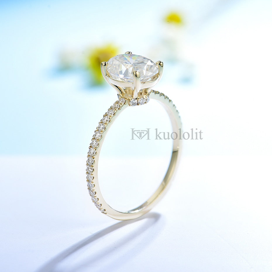 Kuololit 3CT Oval Cut Moissanite Solid 18K 14K Yellow Gold Ring for Women Hide Halo D VVS Solitaire Ring for Engagement Party