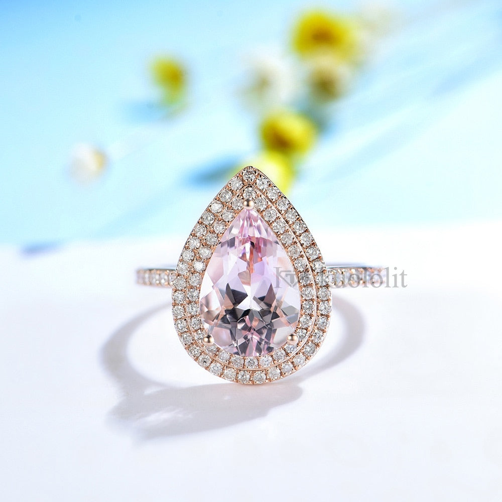 Kuololit 3CT Natural Morganite Gemstone Ring for Women Solid 18K 14K Rose Gold Pear 8*12mm Ring for Engagement Party Birthstone