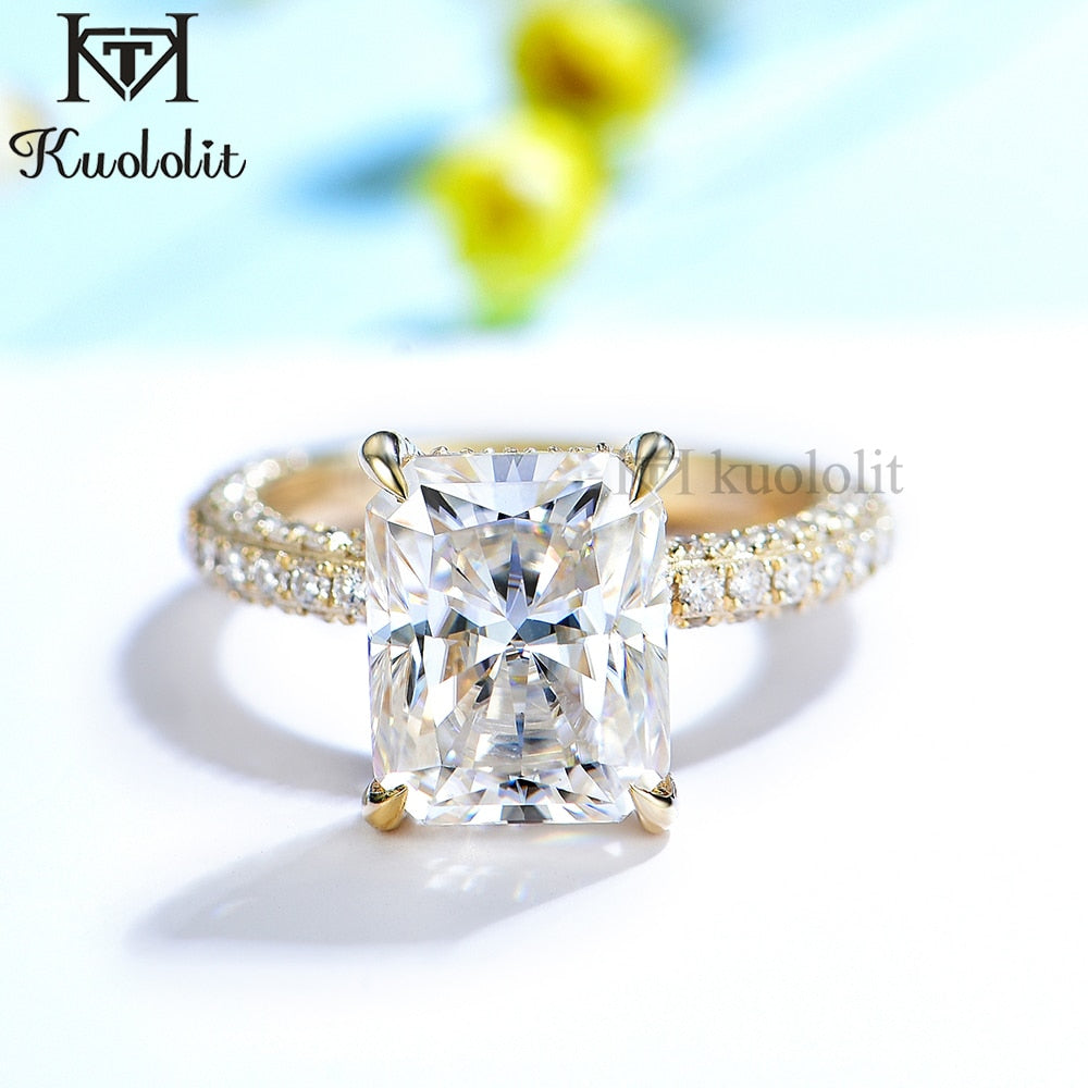 Kuololit 4CT Radiant Cut Moissanite18K 14K Yellow Gold Ring for Women 8*10 D VVS Hidden Halo Ring for Engagement Party Gifts New