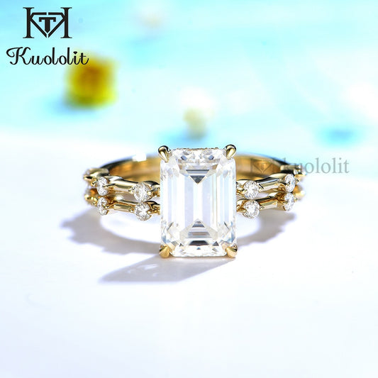 Kuololit 3.5CT Moissanite AU750 18K 14K White Gold Set Ring for Women Emerald Cut D VVS Hide Halo Solitaire Ring for Engagement