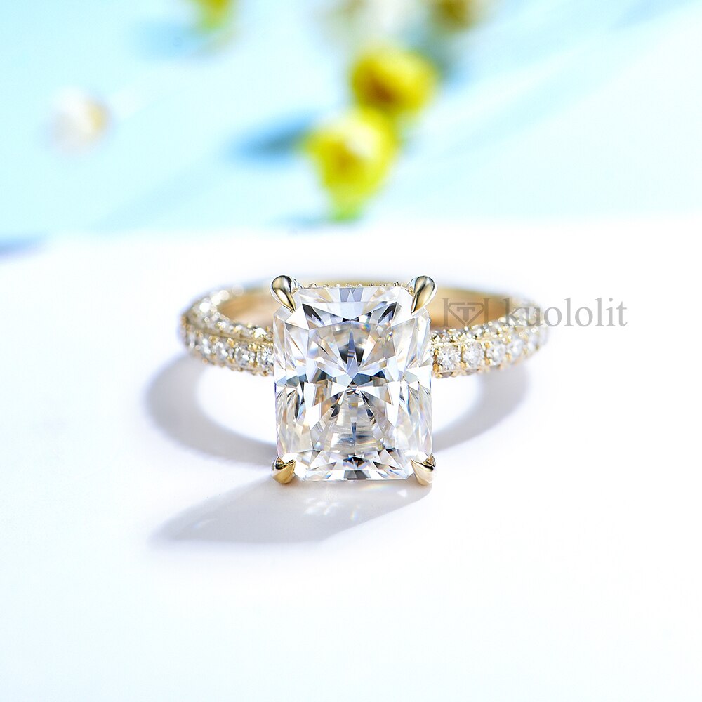 Kuololit 4CT Radiant Cut Moissanite18K 14K Yellow Gold Ring for Women 8*10 D VVS Hidden Halo Ring for Engagement Party Gifts New