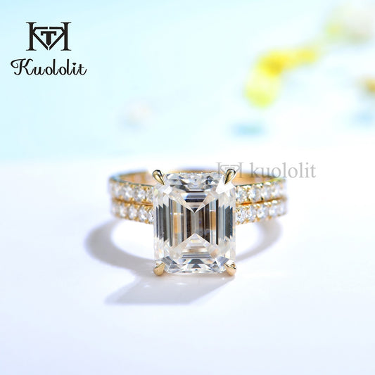 Kuololit 5CT Moissanite AU750 18K 14K White Gold Set Ring for Women Emerald Cut  D VVS Solitaire Ring for Engagement Party Gifts