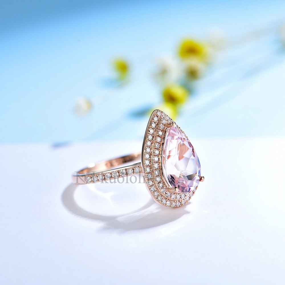 Kuololit 3CT Natural Morganite Gemstone Ring for Women Solid 18K 14K Rose Gold Pear 8*12mm Ring for Engagement Party Birthstone